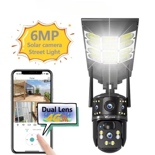 6MP Street Light Camera Dual Lens 360 Degree Rotating Motion Detection Two Way Voice 4G Sim Card Ptz Solar Cctv Camera
