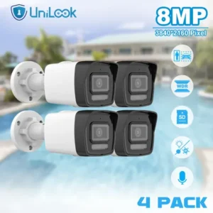 Unilook 4K 8MP Motion Detection 2.0 Fixed Bullet Network Camera Outdoor IR 30m SD Card H.265 One Way Audio IP67 POE IP Camera