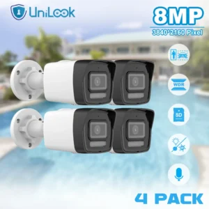 Unilook 4K 8MP Motion Detection 2.0 Fixed Bullet Network Camera Outdoor IR 30m SD Card H.265 One Way Audio IP67 POE IP Camera