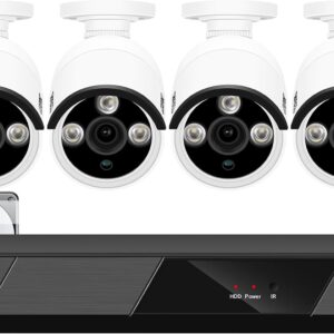 SANSCO PoE CCTV Security Camera System with 1TB Hard Drive Audio Recording, 8CH 4K NVR + (4) 4MP Outdoor IP Cameras (2560x1440, Built-in Mic, AI Human/Face Detection, Night Vision, Remote Access)