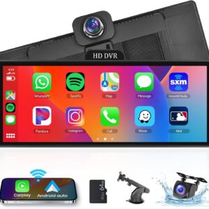 Portable Car Radio 10.26'' Portable Wireless Apple Carplay Screen with Dash Cam Backup Camera, Portable Android Auto FM Transmission Mirror Link GPS Siri Bluetooth ADAS