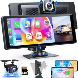 Portable Apple Carplay for Car with 4K Dash Cam, 10.26' HD IPS Screen Car Radio, Android Auto, Backup Camera, Loop Recording, Bluetooth, GPS Navigation, Mirror Link/Mic/TF/USB/AUX for All Vehicles